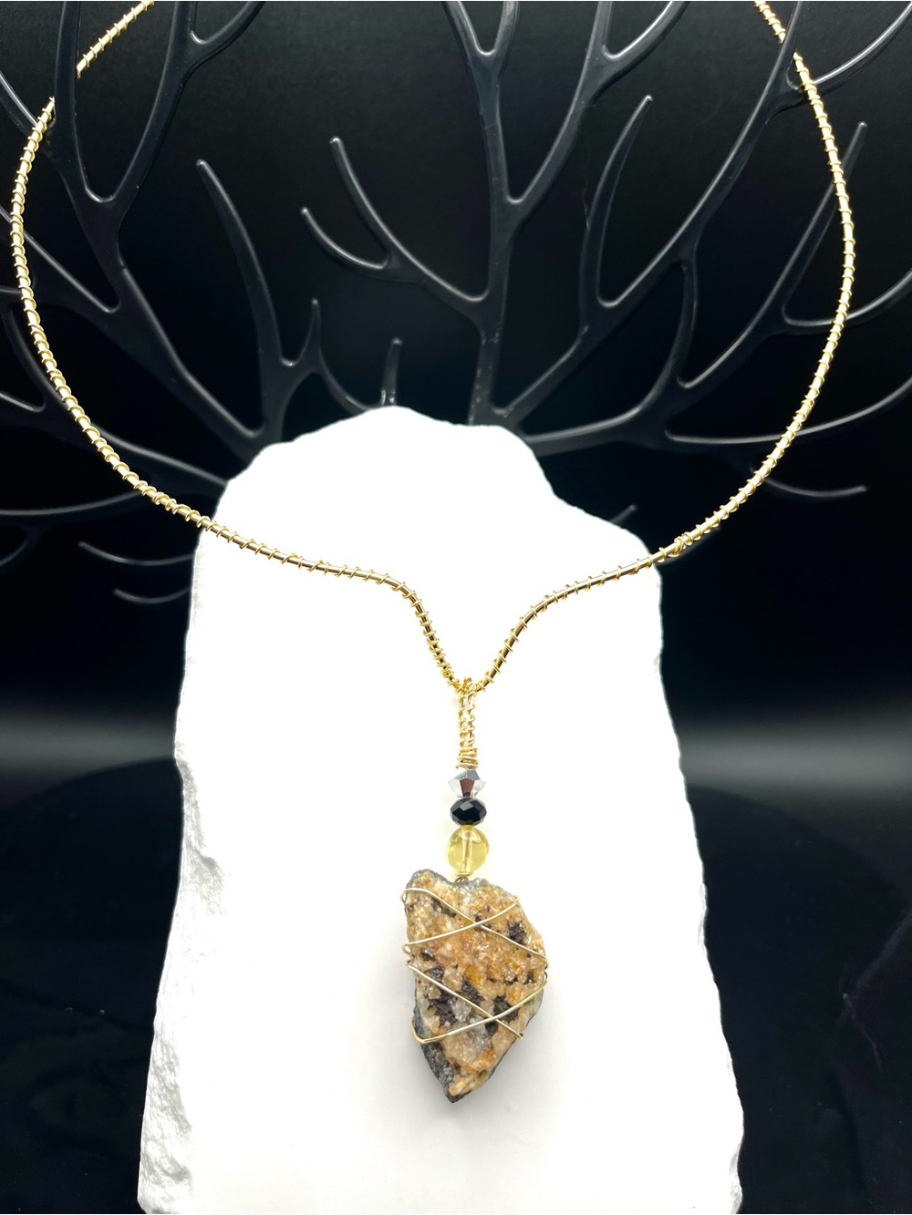 Gold-Tone Wire-Wrapped Yellow-Brown Stone Pendant Necklace